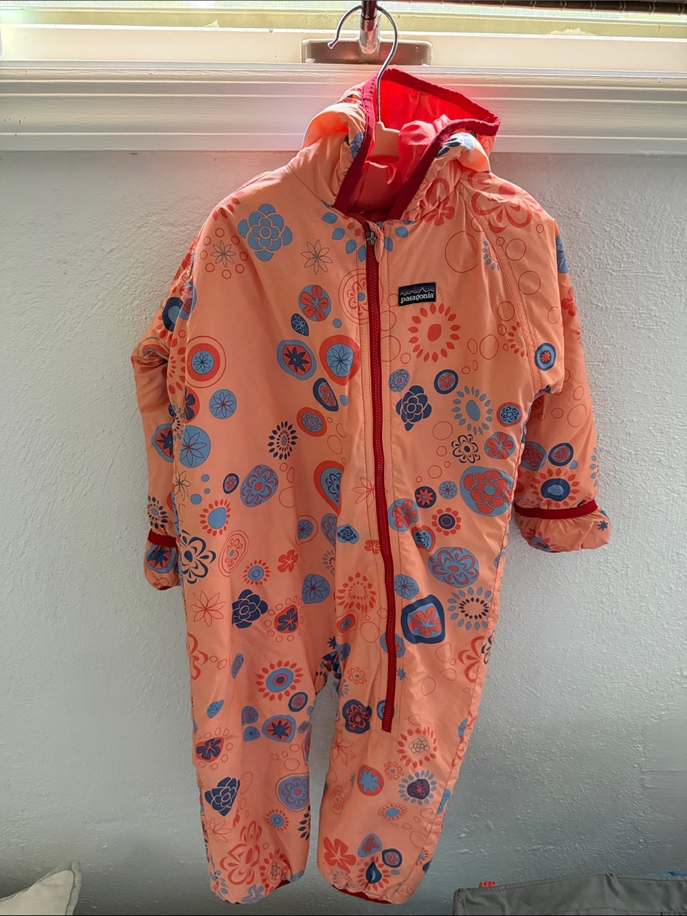 Patagonia Peach Floral Snowsuit with Blue Accents